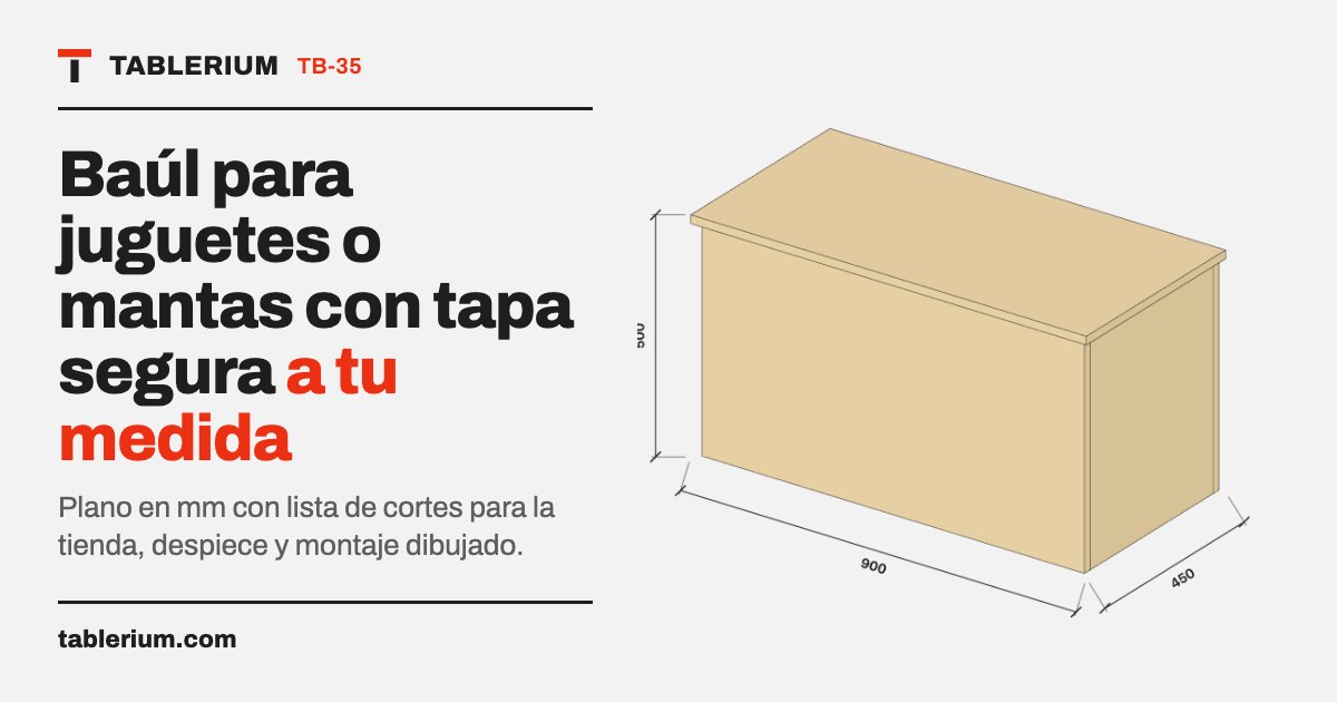 Baúl para juguetes o mantas con tapa segura: vista del mueble con medidas