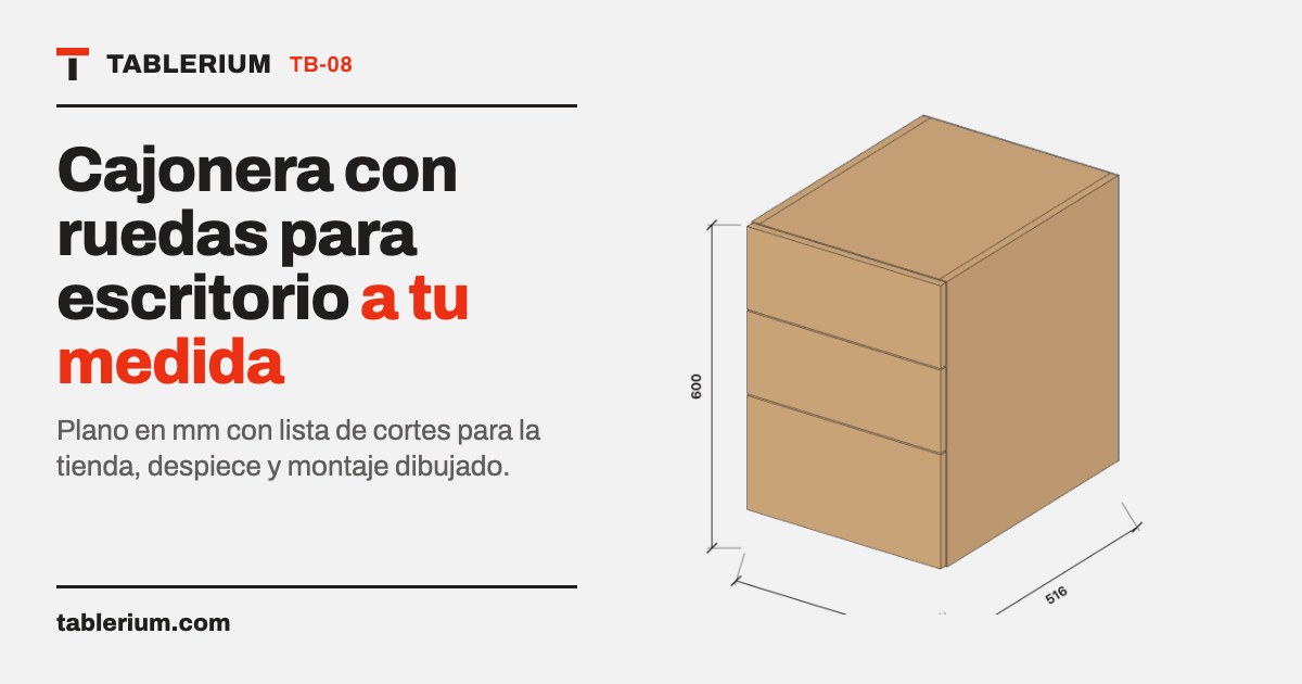 Cajonera con ruedas para escritorio: vista del mueble con medidas