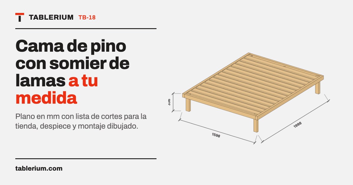 Cama de pino con somier de lamas: vista del mueble con medidas