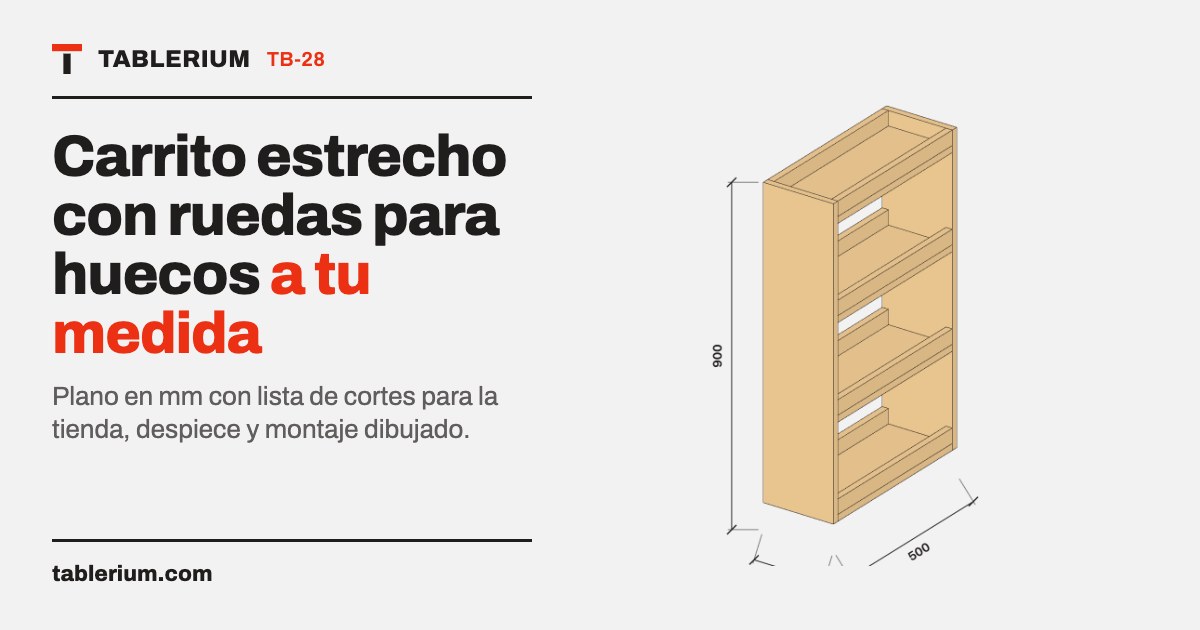 Carrito estrecho con ruedas para huecos: vista del mueble con medidas