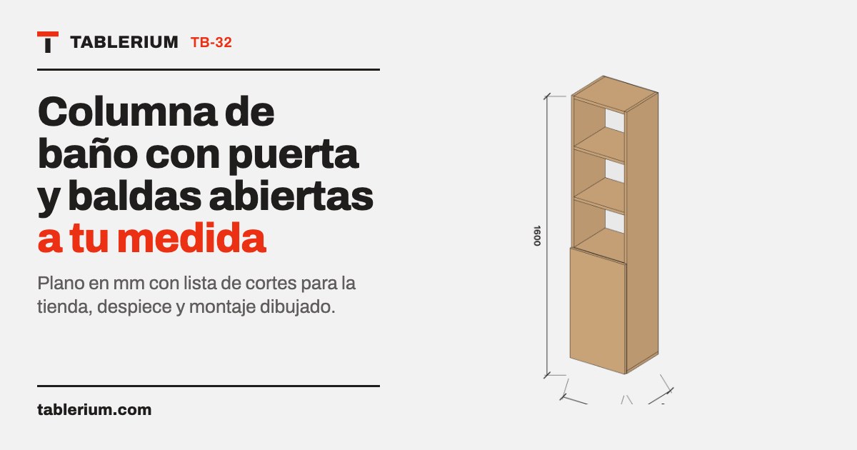 Columna de baño con puerta y baldas abiertas: vista del mueble con medidas