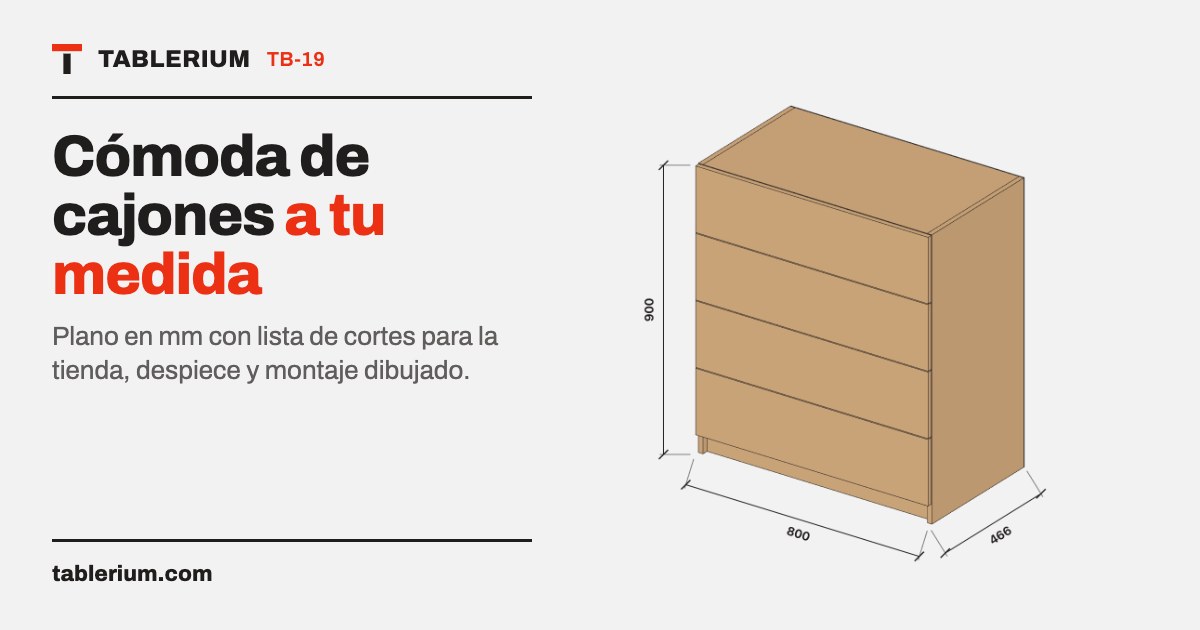 Cómoda de cajones: vista del mueble con medidas