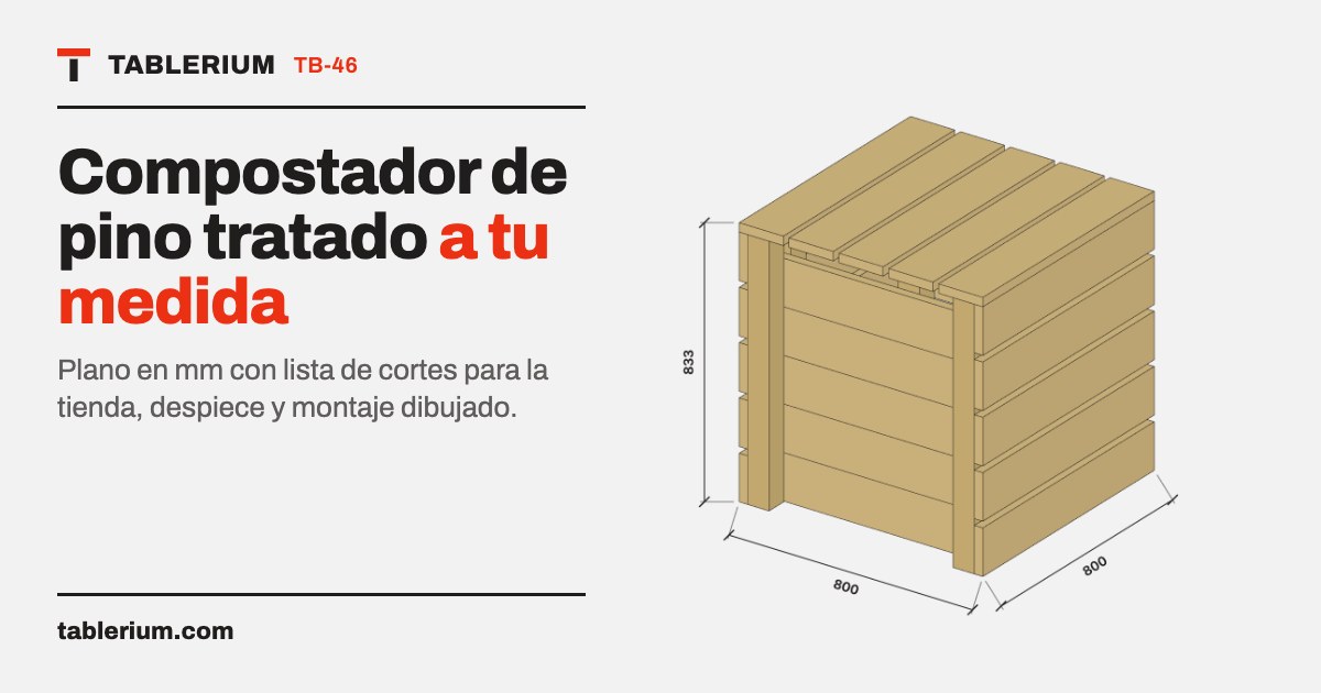 Compostador de pino tratado: vista del mueble con medidas