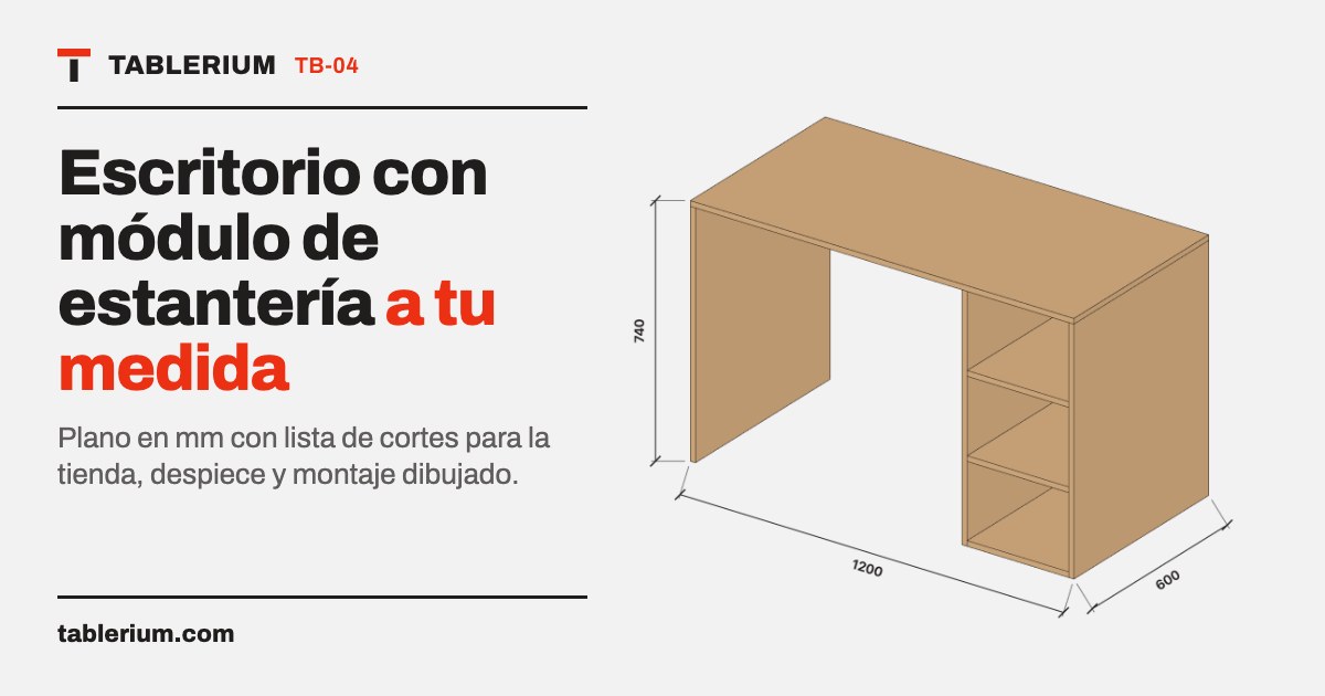 Escritorio con módulo de estantería: vista del mueble con medidas