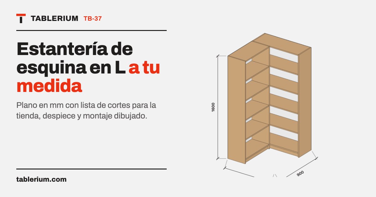 Estantería de esquina en L: vista del mueble con medidas