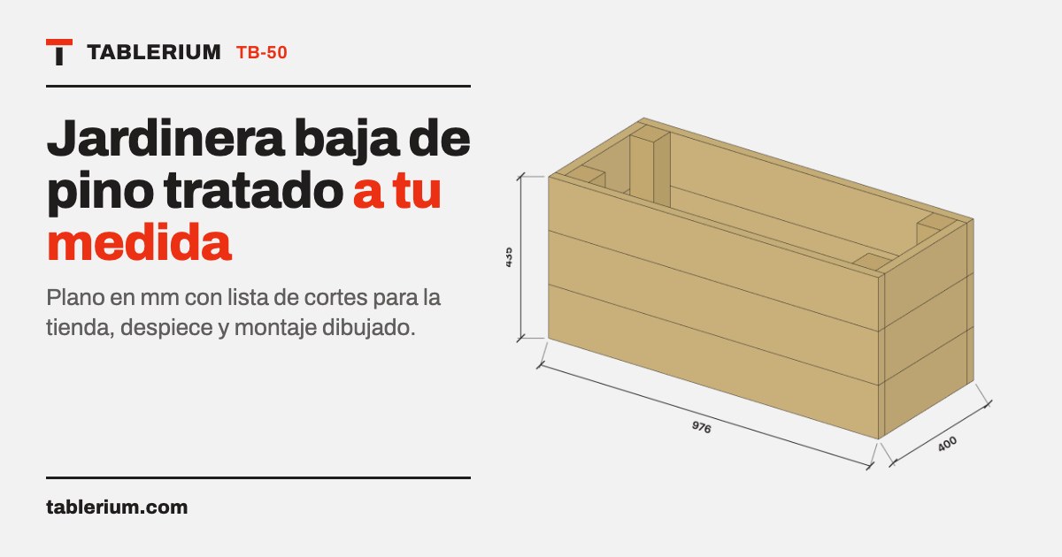 Jardinera baja de pino tratado: vista del mueble con medidas