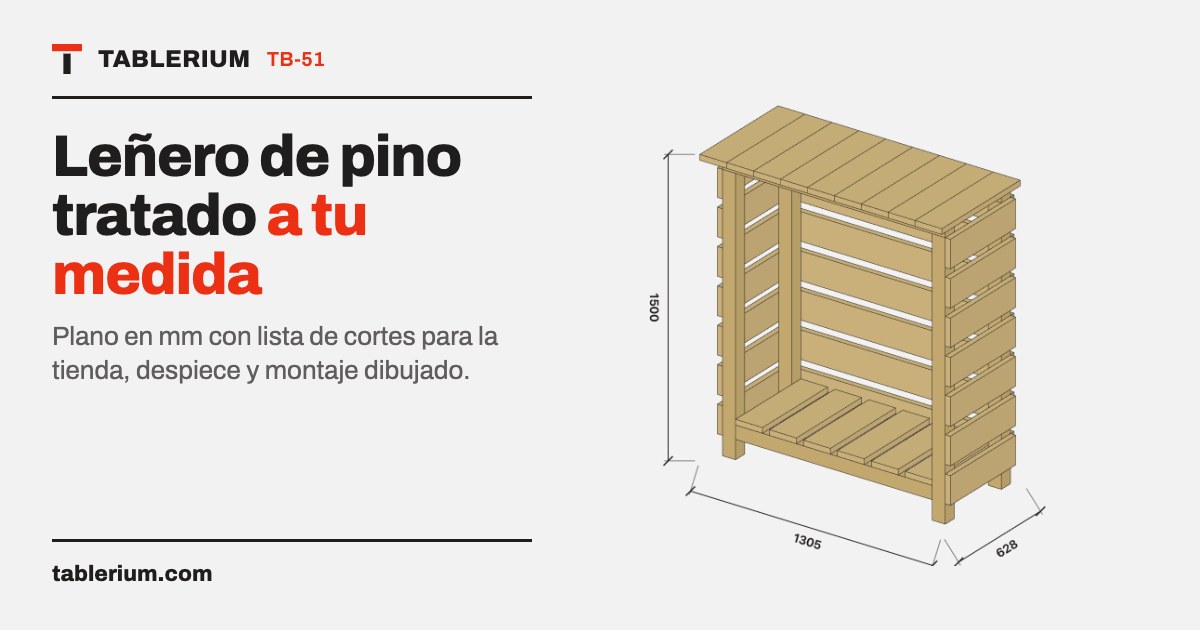 Leñero de pino tratado: vista del mueble con medidas
