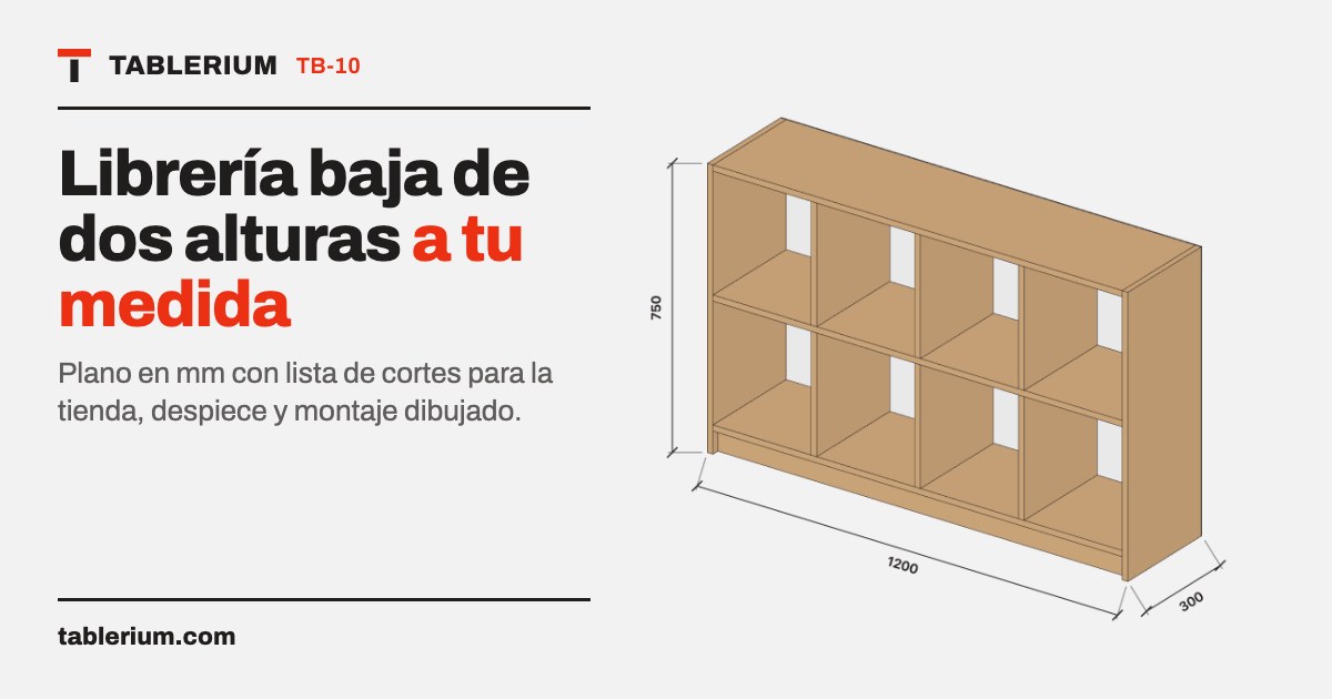 Librería baja de dos alturas: vista del mueble con medidas
