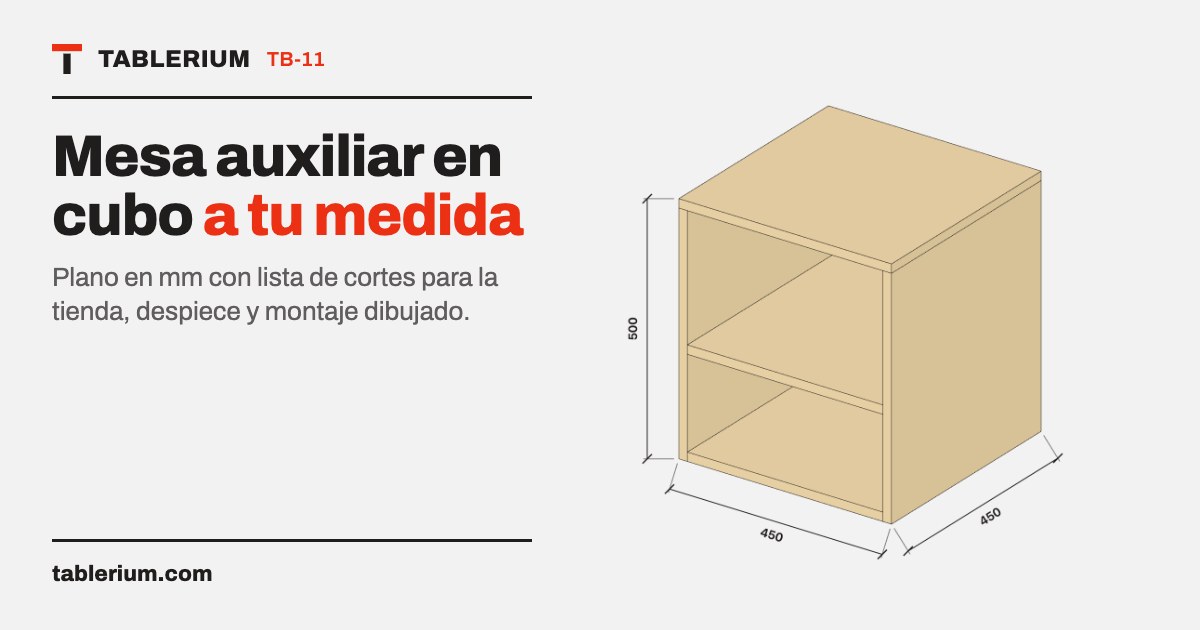 Mesa auxiliar en cubo: vista del mueble con medidas