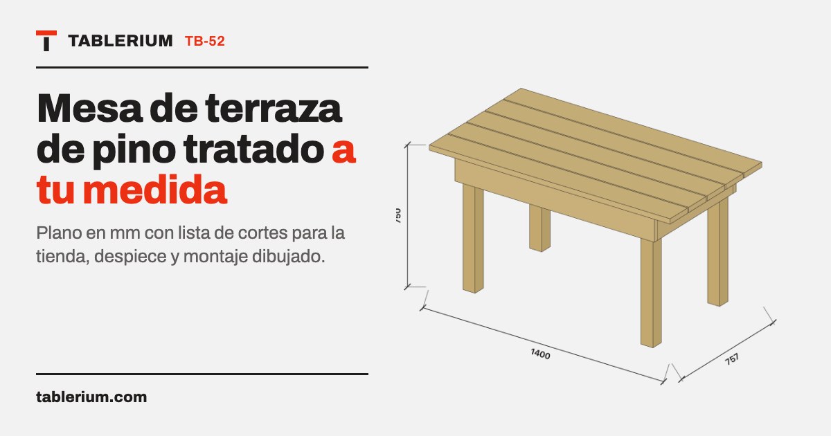 Mesa de terraza de pino tratado: vista del mueble con medidas