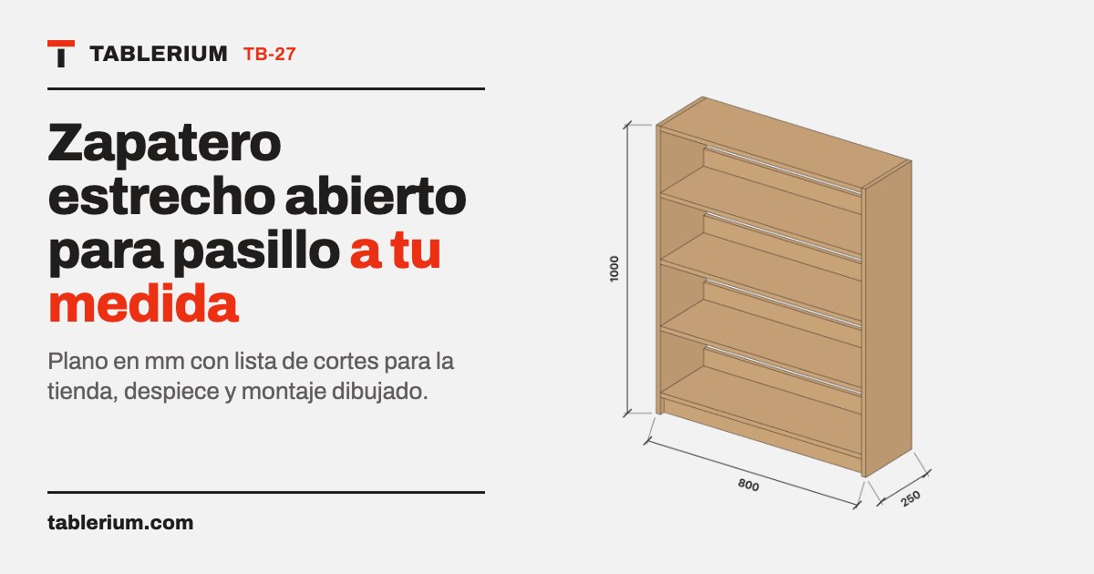 Zapatero estrecho abierto para pasillo: vista del mueble con medidas